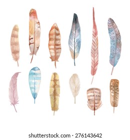 Watercolor feathers set