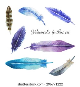 Watercolor feathers set in blue and violet colors. It can be used like design elements for different projects. Isolated.