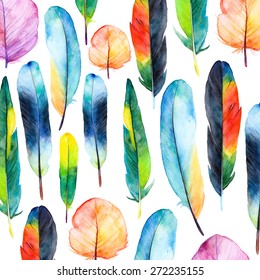 Watercolor feathers set. Hand drawn vector illustration with colorful feathers. Pattern with hand drawn feathers. Feather isolated on white background