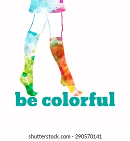 Watercolor female legs in colorful socks. Be colorful.  illustration eps8
