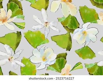 Watercolor feminine Asian, Japanese Floral Seamless Pattern with Ginkgo leafs and Magnolia Flowers. Can be used for gift wrap, fabric, cover and interior design with flowers.