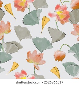 Watercolor feminine Asian, Japanese Floral Seamless Pattern with Ginkgo leafs and Lotus Flowers. Can be used for gift wrap, fabric, cover and interior design with flowers.	