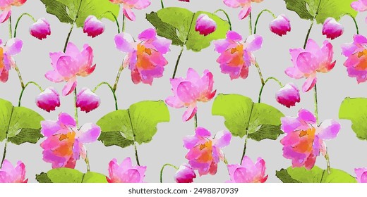 Watercolor feminine Floral Seamless Pattern with lotus. Flower repeat background for fabric. Can be used for gift wrap, fabric, cover and interior design with flowers.	