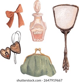 Watercolor Feminine Vintage Items – Perfume, Mirror, Earrings, Bow, Purse – Retro Lady Aesthetic Illustration. Isolated hand drawn elements. Soft brown painting. Realistic cozy vibe. 