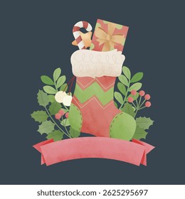 Watercolor Festive Christmas sock Filled with Gifts and Decorations and red banner in isolated background