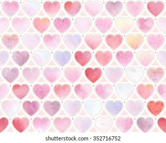 Watercolor festive pattern of red, pink, blue and purple hearts, seamless vector illustration.