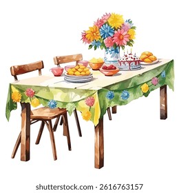 watercolor A festive table with nachos illustration