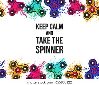 Watercolor fidget spinner banner. Keep calm and take the spinner. Vector hand drawn fashion illustration on white background in watercolor style