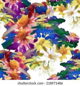 Watercolor field flowers bouquet seamless pattern on white background vector illustration