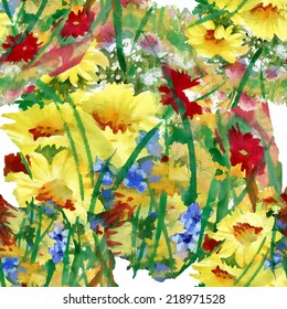 Watercolor field flowers bouquet seamless pattern on white background vector illustration