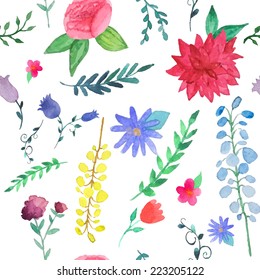 Watercolor field flowers seamless pattern. Vintage texture in vector