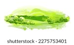 Watercolor field on small hills. Meadow green grass, grassland, pasturage, farm, trees. Rural scenery landscape panorama of countryside pastures. Hand drawn vector illustration