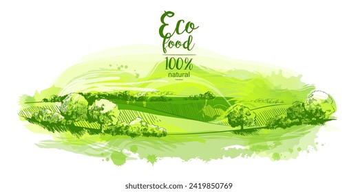 Watercolor field on small hills. Meadow green grass, grassland, pasturage, farm, trees. Rural scenery landscape panorama of countryside pastures. Hand drawn vector illustration