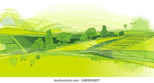 Campo de acuarela en Pequeñas colinas. Prado verde hierba, prado, pasto, granja, árboles. Paisaje rural paisaje panorama de los pastos del campo. Ilustración vectorial dibujada a mano