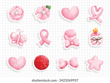 Watercolor Fight Cancer,Pink October Sticker. Vector illustration