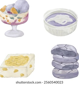 Watercolor filipino dessert illustration of halo-halo, ube halaya, maja blanca, ube cookies