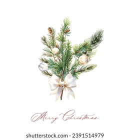 Watercolor fir branch bouquet with Christmas balls, white bow