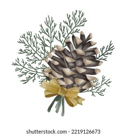 Watercolor fir branch with cone. Vector illustration. New Year cone with a bow