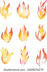 Watercolor Fire Flames - Set of Three vector illustration