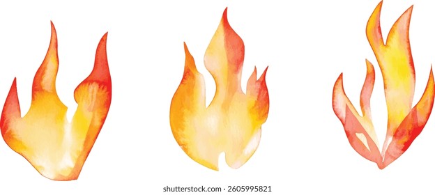 Watercolor Fire Flames - Set of Three vector illustration