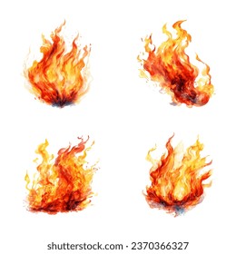 Watercolor fire set. set of watercolor flame fire illustrations