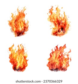 Watercolor fire set. set of watercolor flame fire illustrations