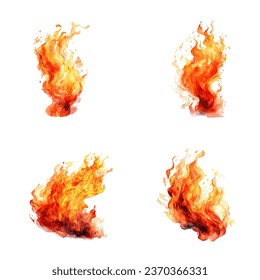 Watercolor fire set. set of watercolor flame fire illustrations