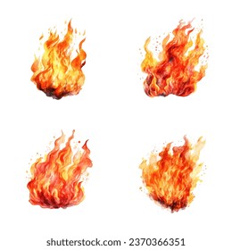 Watercolor fire set. set of watercolor flame fire illustrations