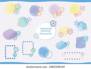 Watercolor fireworks Japanese summer title frame material set illustration