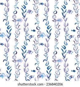 watercolor fish and algae seamless vector pattern