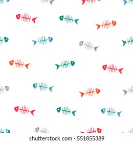 Watercolor fish bones seamless pattern. Vector background.