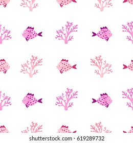 Watercolor fish and corals pattern. Seamless vector marine background in pink and purple. 