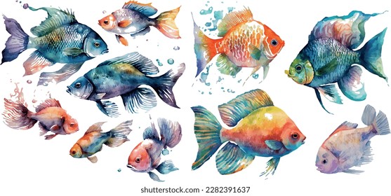 Watercolor fish. Fresh organic seafood. Nature drawing - Vector illustration.