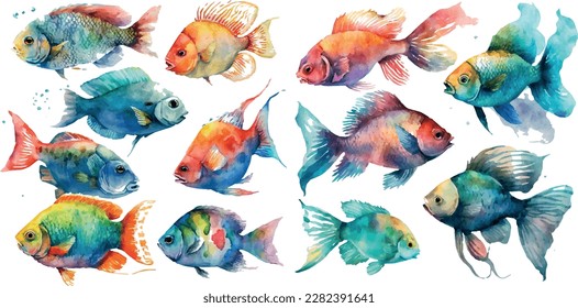 Watercolor fish. Fresh organic seafood. Nature drawing - Vector illustration.