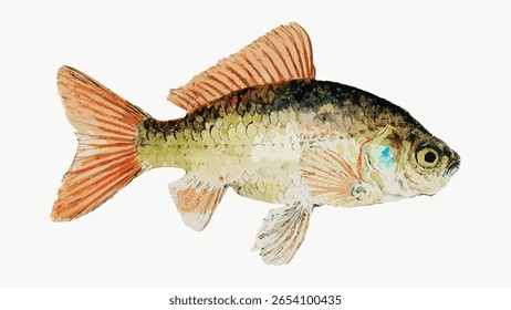 Watercolor fish illustration with vibrant colors. Fish art showcasing detailed scales and fins. Perfect for aquatic-themed designs or fish-related projects. Marine life illustration vector.
