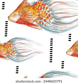 Watercolor fish pattern for textile, fashion, scarf design. Seamless watercolor pattern with fish. Vector seamless background. Watercolor illustration. Scarf, textile, fabric, fashion design. 
