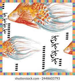 Watercolor fish pattern for textile, fashion, scarf design. Seamless watercolor pattern with fish. Vector seamless background. Watercolor illustration. Scarf, textile, fabric, fashion design. 
