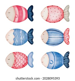 Watercolor fish pillow object asset. Baby toy stuffs set of animal fishs, it soft, sterile, chemical-free, using natural fibers in production. safe for children. vector illustration flat design