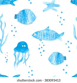 Watercolor fish seamless pattern. Underwater background. Hand drawn jellyfish and fish in blue isolated on white. 