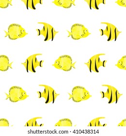 Watercolor fish seamless pattern. Yellow tropical fish isolated on white background. Bright vector wallpaper. 