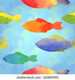 Watercolor fishes - vector illustration. Seamlessly tiling fish pattern. 