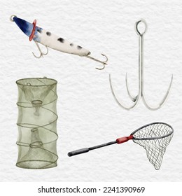 watercolor fishing element collection clip art element