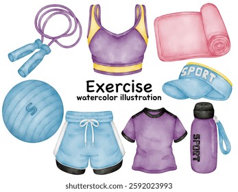 Watercolor fitness and workout equipment illustration with clothing, jump rope, yoga mat, and accessories for active lifestyle