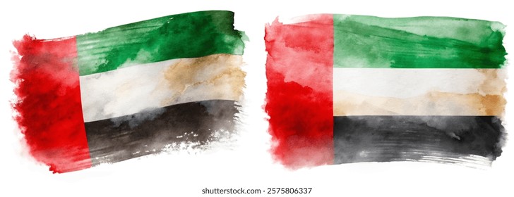 Watercolor flag design, UAE national colors, artistic representation, vibrant brush strokes, cultural symbolism.