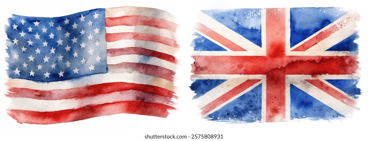 Watercolor flags, American flag, British flag, patriotic colors, artistic representation, cultural symbols, creative design.