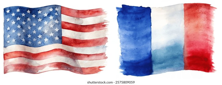 Watercolor flags, American flag, French flag, patriotic symbols, artistic representation, vibrant colors, cultural identity.