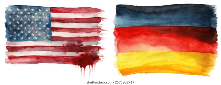 Watercolor flags, American flag, German flag, artistic representation, patriotic colors, vibrant design, cultural symbols.