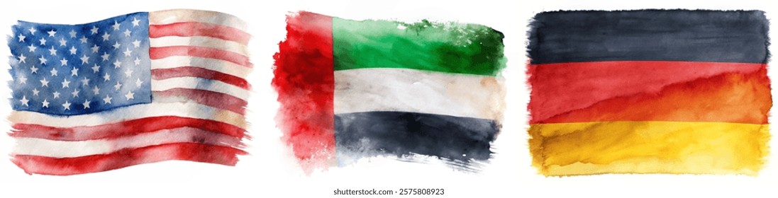 Watercolor flags, American flag, German flag, UAE flag, vibrant colors, artistic representation, cultural symbols.