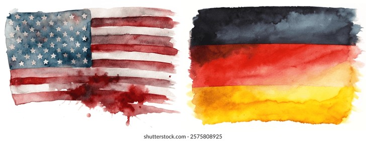 Watercolor flags, American flag, German flag, patriotic colors, artistic representation, cultural symbols, vibrant hues.