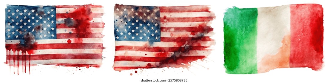 Watercolor flags, American flag, Italian flag, artistic design, patriotic colors, vibrant splashes, creative expression.